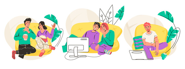 Set of people watching movie at home, couples, friends and singles, flat vector illustration isolated on white background. Home cinema and leisure entertainment activity concept.