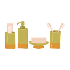 Set of bathroom accessories, dispenser with detergent, toothpaste and brushes, soap. Morning routine. Hygiene products. Colorful vector isolated illustration hand drawn
