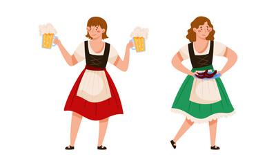 Girl in traditional German clothes with mugs of beer. People celebrating Oktoberfest beer festival vector illustration