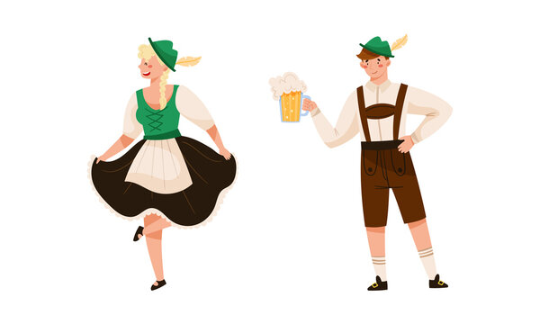 People in traditional Bavarian clothes celebrating Oktoberfest beer festival vector illustration
