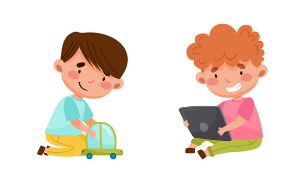 Cute Little Girls Playing With Toy Car And Using Tablet PC Device Cartoon Vector Illustration