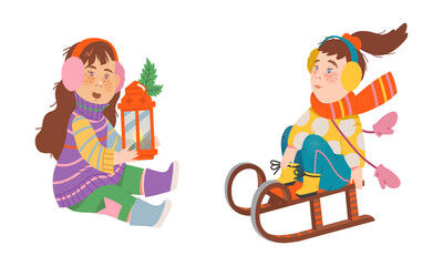 Kids winter activities set. Girls in warm clothes walking outdoors and sledding cartoon vector illustration