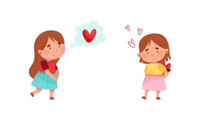 Adorable kids in love. Lovely girls with speech balloon with heart inside and present box cartoon vector illustration