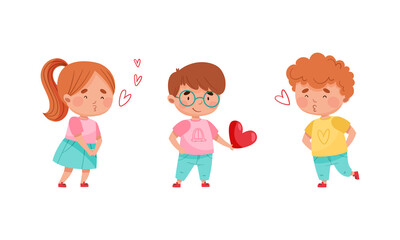 Adorable kids in love. Cute lovely boys and girl with hearts cartoon vector illustration