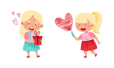 Adorable kids in love. Girls drawing heart and holding gift box cartoon vector illustration