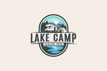 lake camp logo with a combination of natural scenery, water, RV and tent.