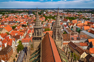 View of city and roof of Ulm Minster from the top the world's tallest church.