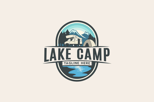 Lake Camp Logo With A Combination Of Natural Scenery, Water, RV And Tent.