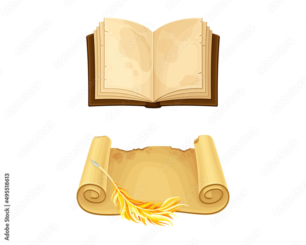 Aufkleber old parchment paper scroll and opened book set vector illustration