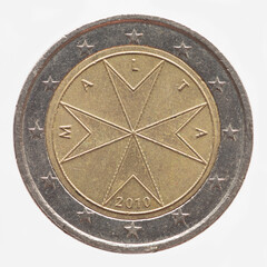 Malta - circa 2007: a 2 Euro coin of Malta with the historic Maltese Cross