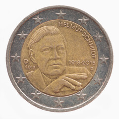 Germany - circa 2018: a 2 Euro coin of Germany with the portrait of the politician and Chancellor Helmut Schmidt - obrazy, fototapety, plakaty