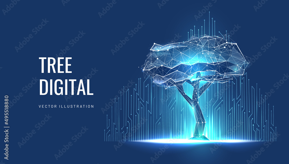 Wall mural green technology concept of digital environment in futuristic polygonal style. glowing neon tree on 