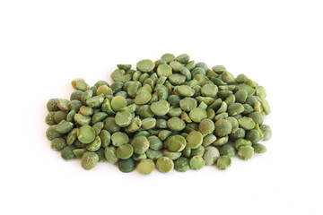 Green split peas isolated on white background. Ingredient for soup. Legumes source of protein and fibre 