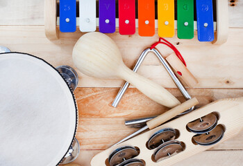 Wooden percussion instruments and colorful xylophone with high angle view and copy space