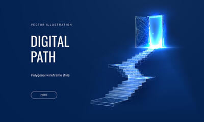 Open door at digital path, futuristic science fiction concept of doorway. Technology portal in a polygonal wireframe glowing style. Vector illustration on a blue background. - obrazy, fototapety, plakaty