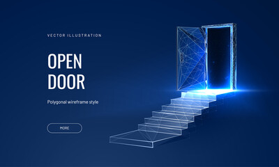 Open door at digital path futuristic science fiction concept of doorway. Technology portal in a polygonal wireframe glowing style. Vector illustration on a blue background. - obrazy, fototapety, plakaty