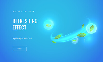 Light fresh effect on blue background. Element for fresheners, cleaners, giving menthol aroma. Air flow from mint leaves. Vector illustration