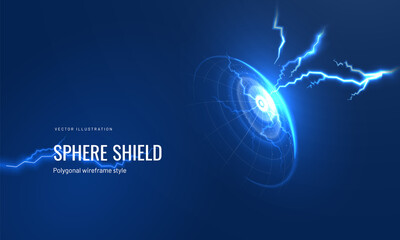 Protective shield with lightning in a futuristic style on a dark background with a glowing effect. Sparks strike the dome like a cyber armor concept or a force energy field effect. vector illustration - obrazy, fototapety, plakaty