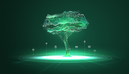 Digital biotechnology tree in futuristic polygonal style. Holographic plant concept for biotechnology or bioengineering. Vector illustration with light effects