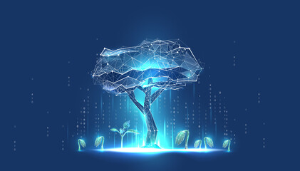 Digital tree with sprouts and binary code in glowing futuristic polygonal style. Poster for an educational program for children. Technology training for teenagers. Vector illustration