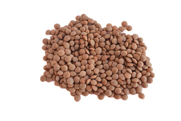 Brown lentils on a white background. Legumes source of protein and fibre. 
