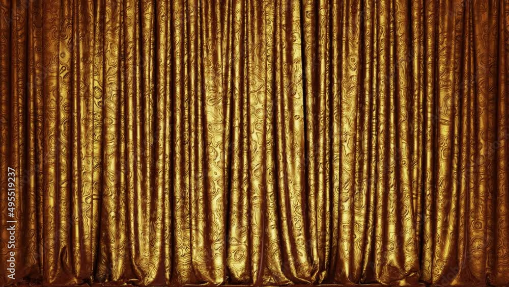 Poster realistic 3d animation of the stylish and fancy golden metallic shining textured stage curtain rende