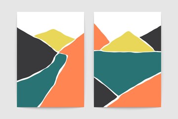 Abstract landscape posters. Modern contemporary background set, mountains minimalist art prints. Vector illustration