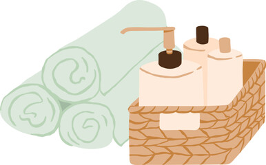 Wicker Basket of Beauty Cosmetic Products Cartoon Illustration