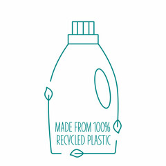 Made from recycled plastic - cleaning bottle icon concept of waste sorting. Editable stroke. Vector stock illustration isolated on white background for packaging logo print. 