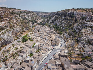 Aerial drone shot of the baroque town of Scicli, Province of Ragusa, south east Sicily.