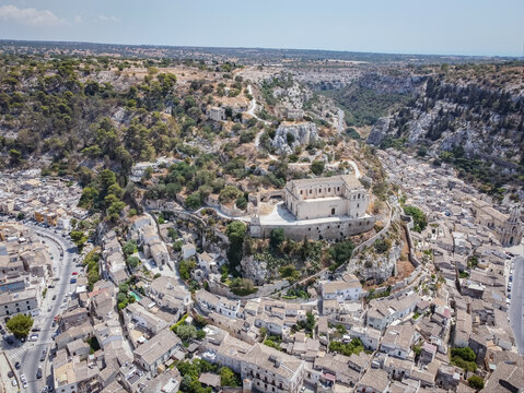 Aerial drone shot of the baroque town of Scicli, Province of Ragusa, south east Sicily.
