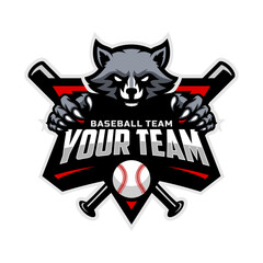 Raccoon mascot for baseball team logo. Vector illustration.