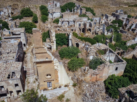 Aerial drone view of Ruins of Poggioreale in the Belice valley, province of Trapani, destroyed by 1968 earthquake. Abandoned eerie ghost town, Sicily.