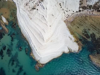 Cercles muraux Scala dei Turchi, Sicile Aerial view of white rocky cliffs at Scala dei Turchi, Sicily, Italy, with turquoise clear water. Drone shot of the limestone rock formation and beach