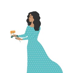 Beautiful woman in a long dress with a flower in her hands. Vector illustration.