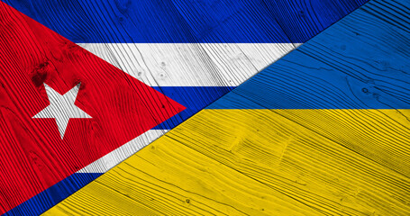 Background with Cuba flag of Ukraine on split wooden table. 3D Illustration