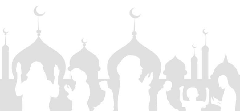 Silhouette of muslim men and woman praying, ramadan kareem