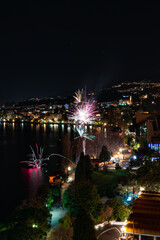 Fireworks by the lake Leman at new year in Montreux Switzerland