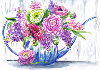 Bouquet of spring flowers in a blue watering can, watercolor still life in a decorative manner, print for poster, greeting card, album cover and other designs.