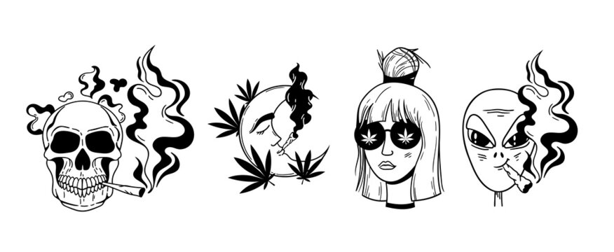 Weed leaves hand drawn cliparts bundle, Cannabis pot leaf isolated items on white, Marijuana good vibes printable images set, smoking girl and skull, vector