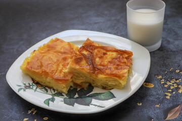 Delicious Turkish food; Tray pastry; (Turkish name; Su boregi)