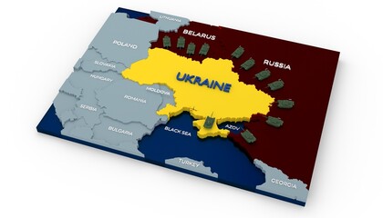 Stylich 3D Map of Ukraine surrounded by tanks and neighboring countries