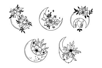 Mystical boho floral moon isolated cliparts bundle, celestial magic moon collection, space flowers and crescent moon line images, witchy esoteric objects - black and white vector