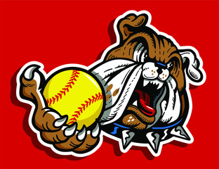 cartoon bulldog mascot holding softball for school, college or league