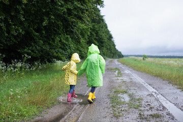 Two little sisters in raincoats jump on puddles on the road