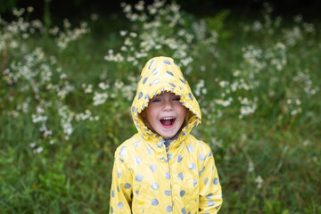 Funny little girl in a yellow raincoat on a background of forest