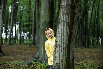 Little girl hiding behind a tree in the spring rainforest