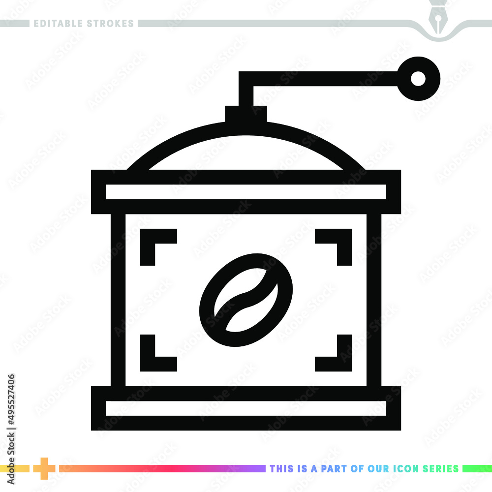 Poster line icon for coffee milling machine illustrations with editable strokes. this vector graphic has cu