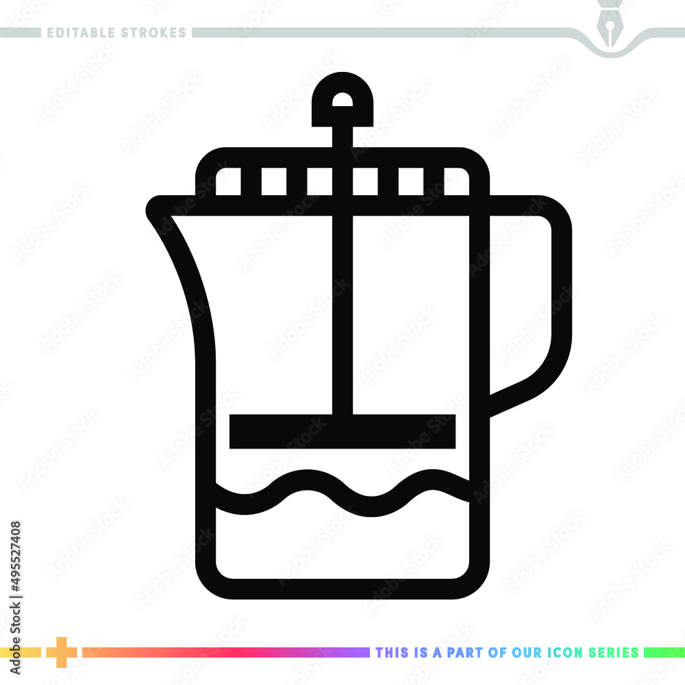 Poster line icon for french press espresso illustrations with editable strokes. this vector graphic has cus