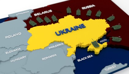 Obraz na płótnie Canvas Stylich 3D Map of Ukraine surrounded by tanks and neighboring countries